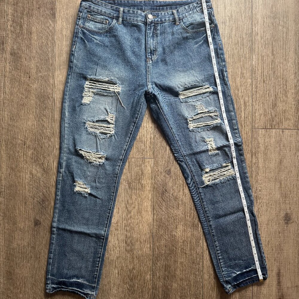Distressed Blue Jeans, size 38, tapered grunge, ripped mid-upper, some stretch